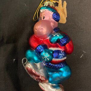 Skating Moose Glass Christmas Ornament